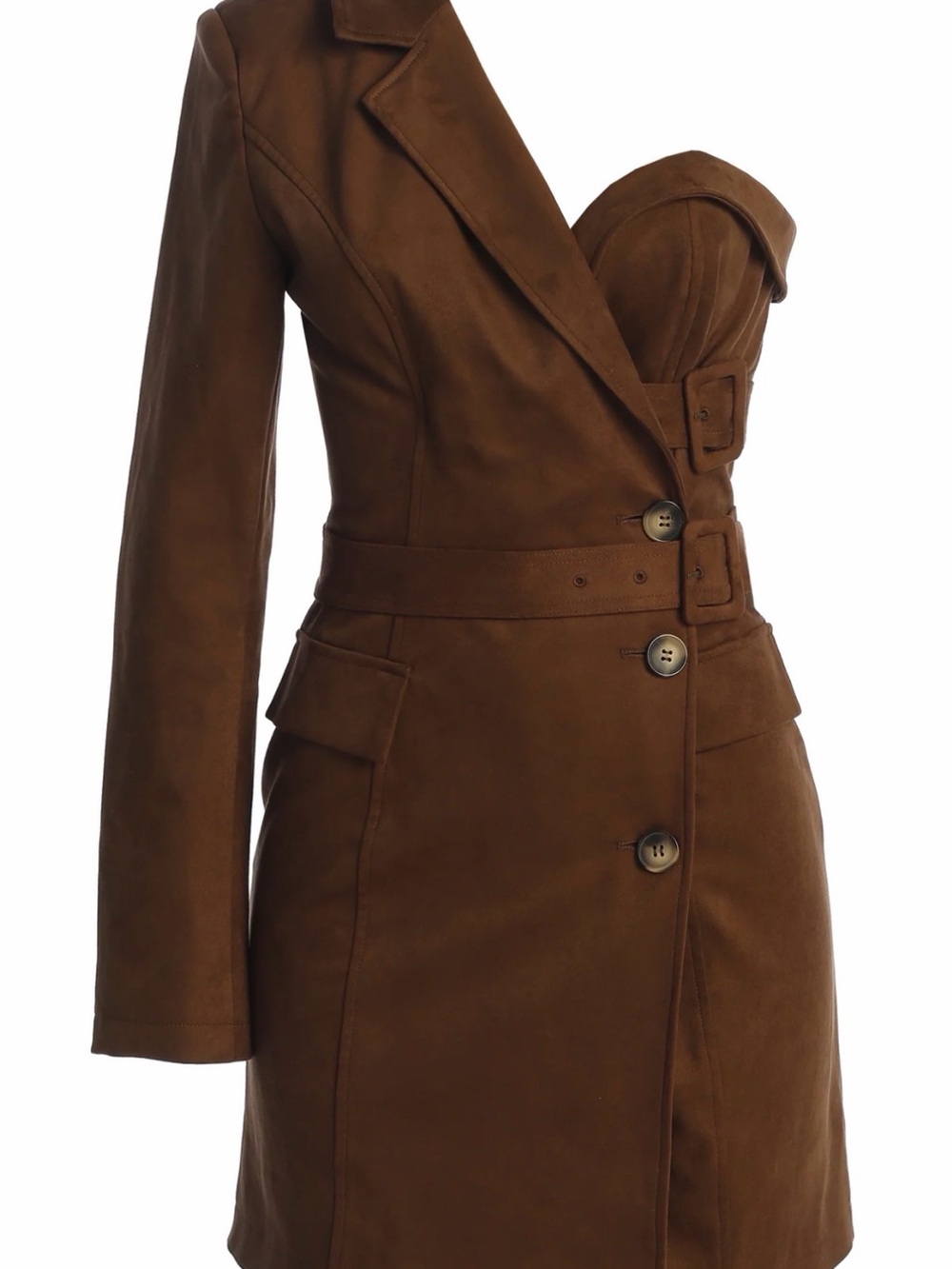 JLUXLABEL 	
Chocolate One Shoulder Suede Blazer Dress - XS